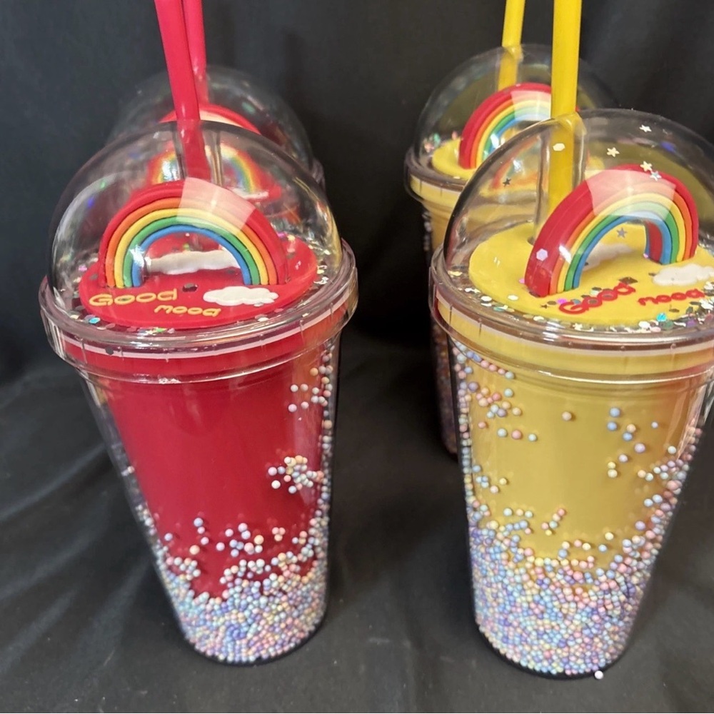 4- 16 Fl Oz Rainbow Tumblers, “Good Mood”, 2red  2 yellow Cups New